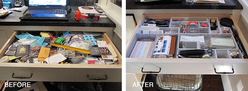 A before and after image of a cluttered desk drawer, and then the same drawer organized.