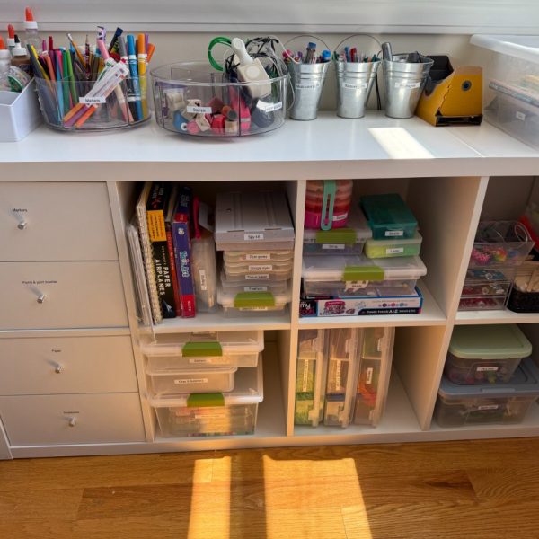 Spring Home Organizing: An organized counter with organized shelves underneath.