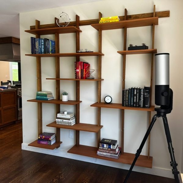A staged home for sale has an organized book shelf.