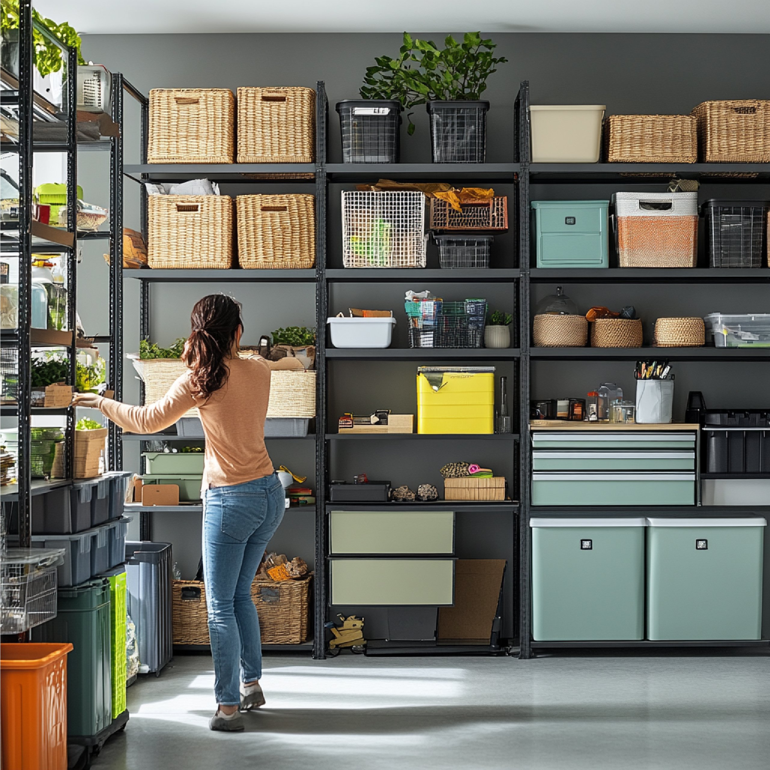 person-decluttering-organizing-garage-with-storage-racks-labeled-bins